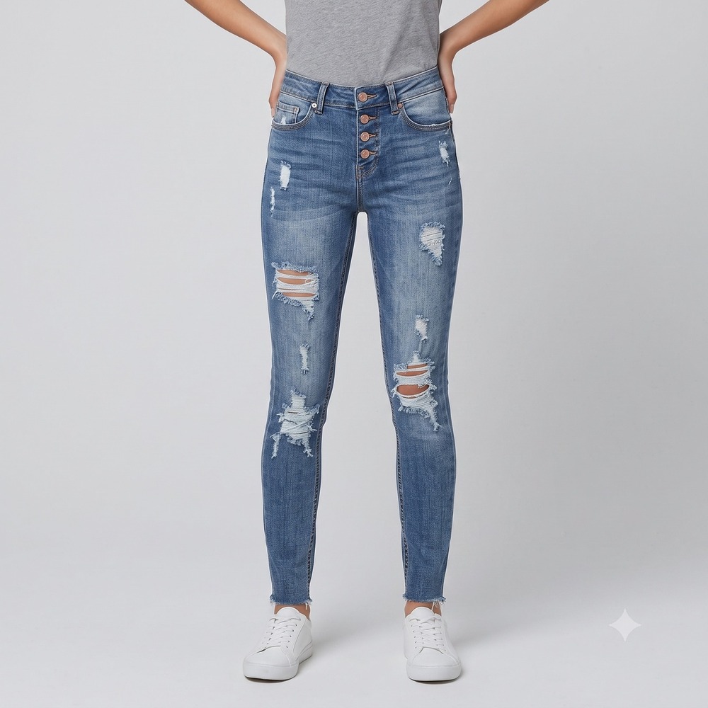 Almost Famous Exposed‎ Button Fly Distressed Skinny Jeans Women 0 Blue Denim EUC